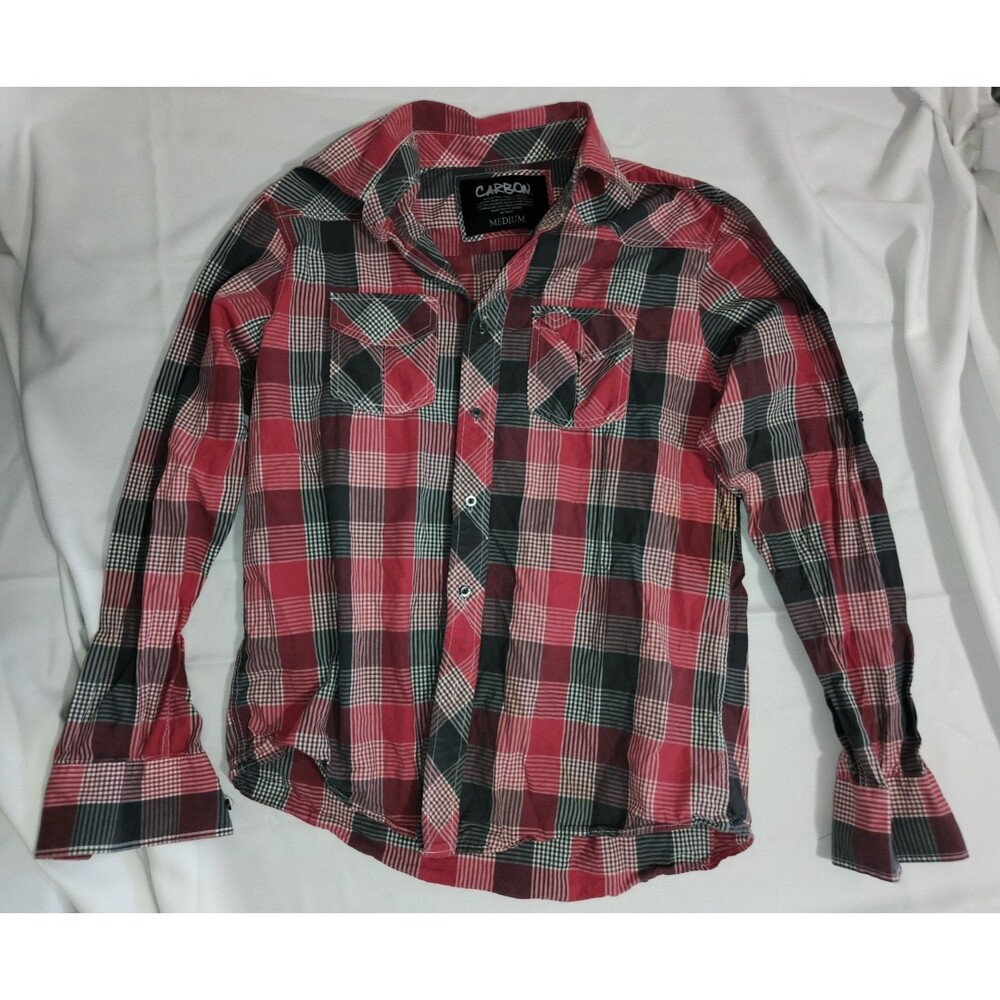 Carbon Mens Plaid Button Down Shirt Medium Red Gray Black Long Sleeve M